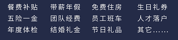 人生就是博员工福利：餐费补贴、五险一金、年度体检、带薪年假、团队经费、结婚礼金、免费住房、员工班车、节日礼品、生日礼券、人才落户、其它……